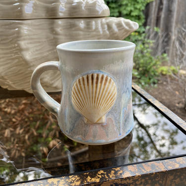 Signed Studio Pottery Mug in 80s Pastel Colors with Seashell Accent - Beachy, Coastal, Island, Nautical, Tropical Style 