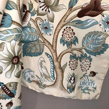 Vintage Liberty of London Silk Scarf - trees and animals on cream background, large 34&amp;quot; square scarf 