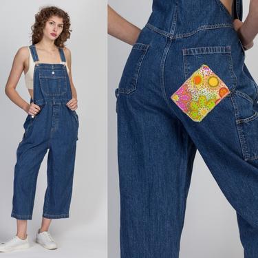 Vintage 90s Denim Patch Overalls - Large | Medium Wash Blue Jean Carpenter Overall Pants 