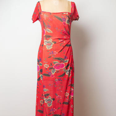 Vintage 1990s Red Floral Print Mesh Dress | 90s Vivienne Tam Sheer Dress 