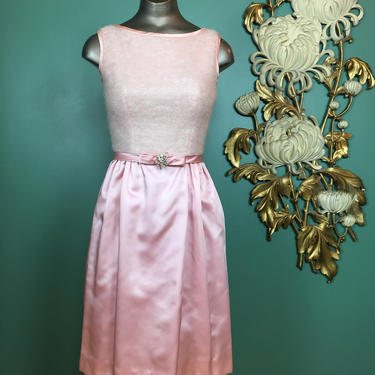 1960s cocktail dress, pink satin dress, vintage 60s dress, 60s sheath dress, rhinestone belt, size x small, mrs maisel style, mohair dress 