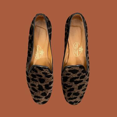 STUBBS & WOOTTON Vintage Leopard Print Slip On Flats | Velvet Animal Print and Leather Slippers  | Hand Crafted Designer Shoes | Size 10 AA 