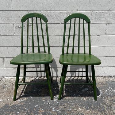 Pair of Antique Chairs Slatted Wood Chair High Back Green Seating  Traditional Vintage Country Farmhouse Arts and Crafts 