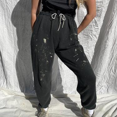 Vintage Sweatpants / 90's LEE Gym Pants Loungewear / Black Distressed Painter Drawstring Joggers / Large 