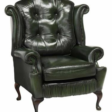 Armchair, Queen Anne Style, Green Leather Wingback, Tufted, Nail Head Trim!!