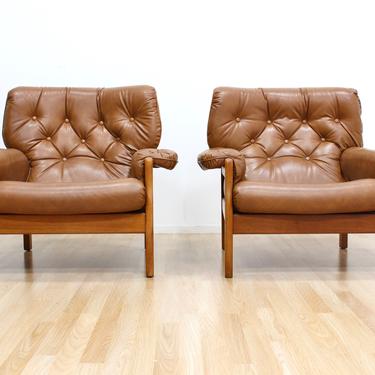 Mid Century Danish Tan Leather Lounge Chairs by Ole Wanscher Denmark 