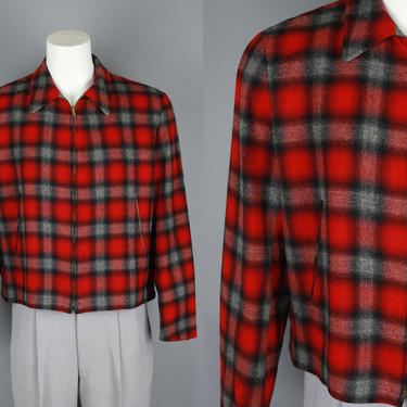 1950s PENDLETON Plaid Jacket | Vintage 50s Men's Red, Black &amp; Grey Wool Coat with Zip Front | Large 