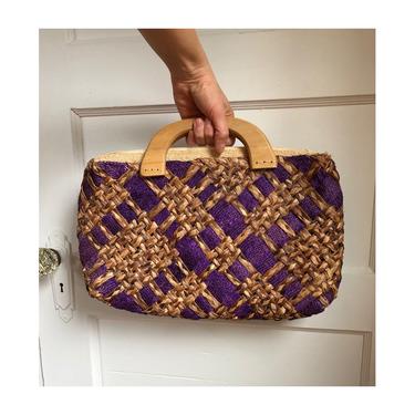 1960s Purple Woven Raffia Handbag Purse with Wooden Handles and Zipper 