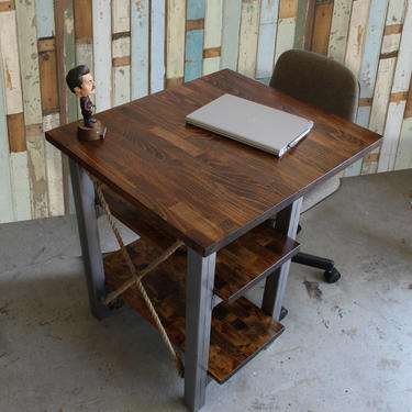 Rustic Industrial Small Desk 2 Shelves &amp; Solid Wood Butcher Block Top - steel wood / industrial / bedroom desk / nook desk / space save 