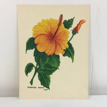 Vintage Floral Original Painting Art 1964 1960s Hibiscus Tiki Flowers Green Yellow Painted by Maryland Artist Owanda Arms Painter Hawaiian 