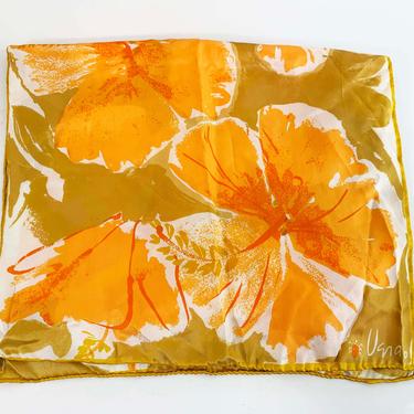Vintage Vera Long Scarf Yellow Flowers Orange White Handkerchief Hanky Mid-Century Retro Accessories Mustard MCM Japan Floral Rayon Silk 
