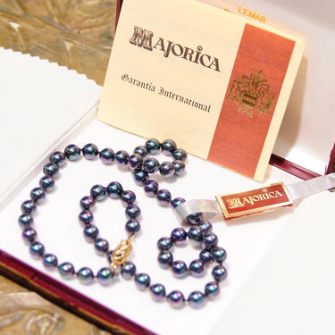 Vintage Majorica Iridescent Black Pearl Necklace, 8mm Simulated Pearls, Single Strand, 925 Fish Hook Clasp, Original Box & Paperwork, 19.5&quot; 