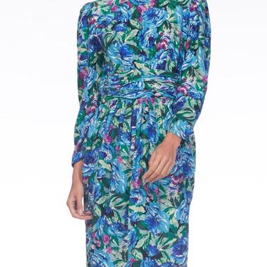 1980S EMANUEL UNGARO Style Blue Floral Silk Jacquard Long Sleeve Dress 