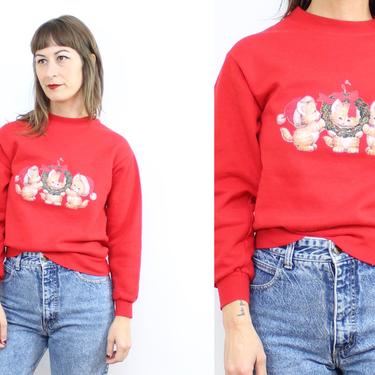 Vintage 90's Red Christmas Kittens Sweatshirt / 1990's Soft Cat Crewneck Sweatshirt / Holiday Sweater / Women's Size XXS - XS - Small 