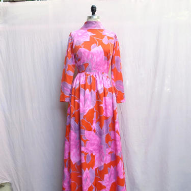 60s Pink Hawaiian Maxi Dress Large Medium Floral 70s Flutter Sleeve Gown Hot White Magenta Tropical 1960s Hostess 1970s Style Retro Summer