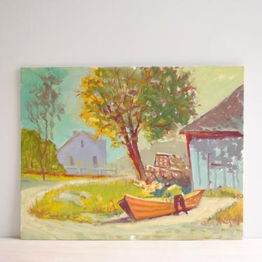 Vintage Landscape Painting of a Farm and a Small Boat, Original Landscape Painting on Canvas Board 