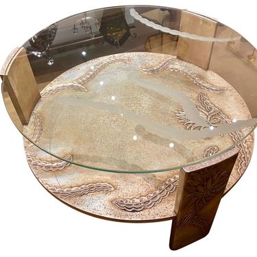 Sandblasted Glass Top Art Deco Coffee Table Silvered Wood Base