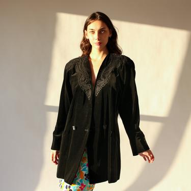 Vintage 80s Escada Black Velvet Art Deco Embroidered and Sequined Blazer | Made in West Germany | 1980s Designer Broad Shoulder Jacket 