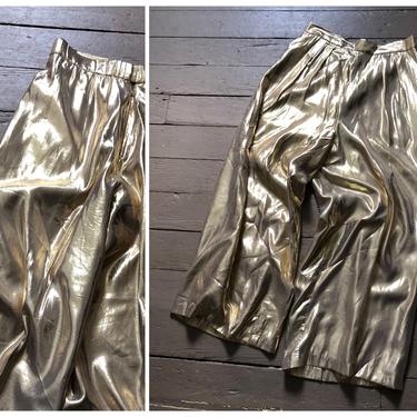 vintage ‘80s gold lame wide leg trousers | 1980s glam metallic lurex runway pants 