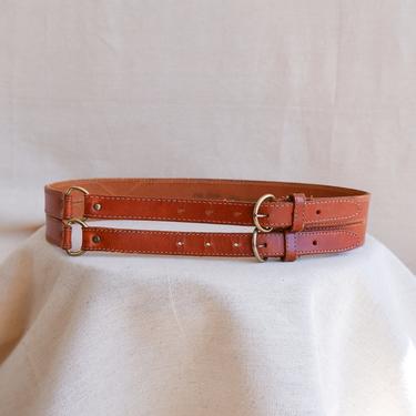 Vintage Chestnut Leather Double Buckle Waist Belt/ Brown Wide Waist Belt/ Corset Belt/ Size Small Medium 
