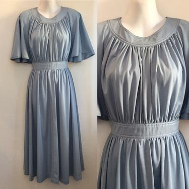 Vintage 70's ANGEL SLEEVE Midi Dress / Grecian Style Draping / Pastel Icy Baby Blue / M 