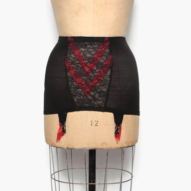 Vintage 50s Sheer Black &amp; Red GIRDLE / 1950s Black Lace and Red Ribbons Open Bottom 4 Garters 