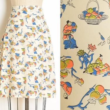 vintage 70s wrap skirt cream rayon novelty print Asian people mini skirt S M clothing 