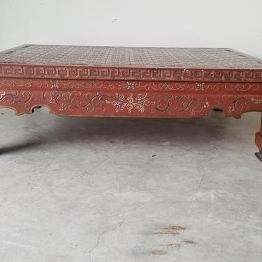 Baker Chinoiserie Red Lacquered Coffee Table With Greek Key Design. 
