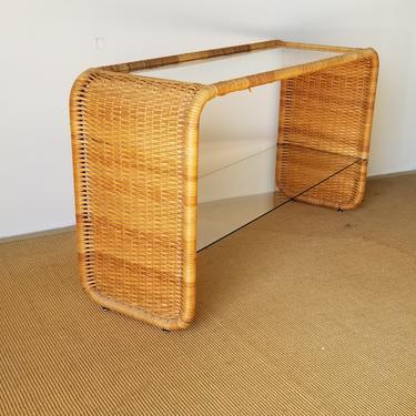 Vintage Two Tier Rattan and Glass Top Waterfall Console Table. 
