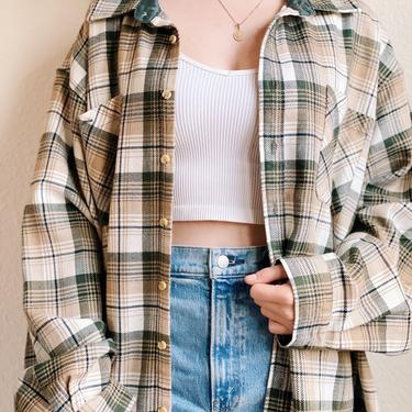 Green and Tan Plaid Button Up Shirt / Oversized 