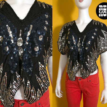 Iconic Vintage 70s 80s Black Blue Butterfly Sequin Disco Top Blouse 