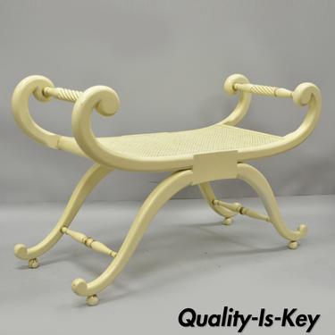Vintage French Regency Neoclassical Style Cane Seat Curule X-Frame Bench