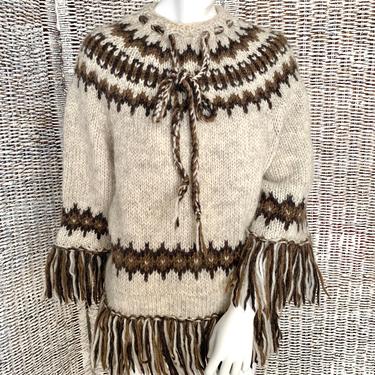 Hippie Sweater, Long Fringe, Fuzzy Wool Knit Pull-Over, Bell Sleeves, Fits Size M-L 