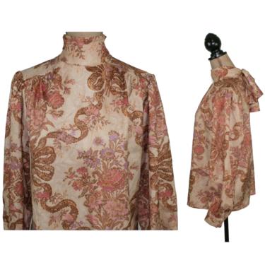 80s Polyester Blouse Small Medium, Fall Floral Long Sleeve High Neck Top with Bow, Secretary Baroque Print Shirt 1980s Clothes Women Vintage 