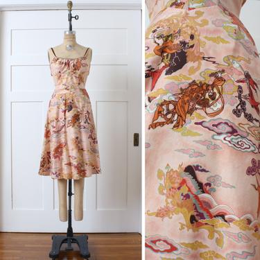 vintage 1970s sundress • rare  DeWeese Design colorful cotton Kuan Yin &amp; cranes print dress 