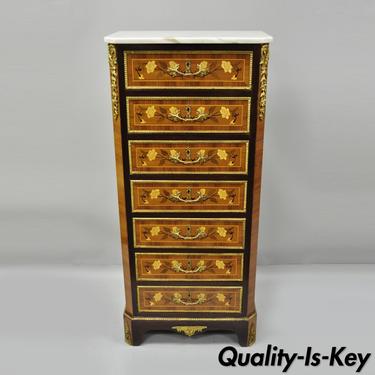 Louis XV French Style Marble Top Inlaid 7 Drawer Lingerie Tall Chest