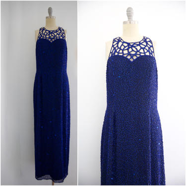 Vintage 1980s Blue Silk Sequin Gown