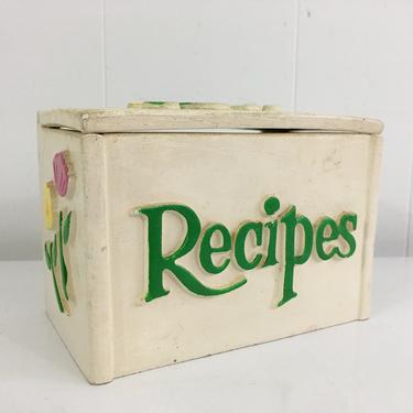 Vintage FTD Faux Wood Recipe Box with Flowers and Raised Green Lettering Florists Transworld Delivery 1985 File Index Card File 