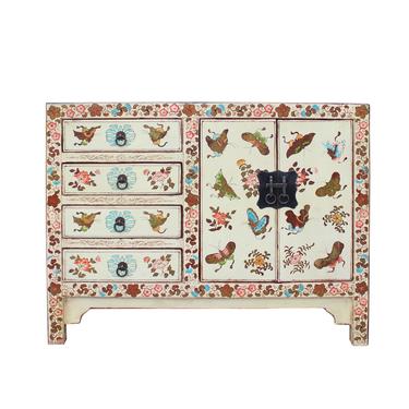 Oriental Distressed Off White Golden Butterflies Drawers Storage Cabinet cs5336S