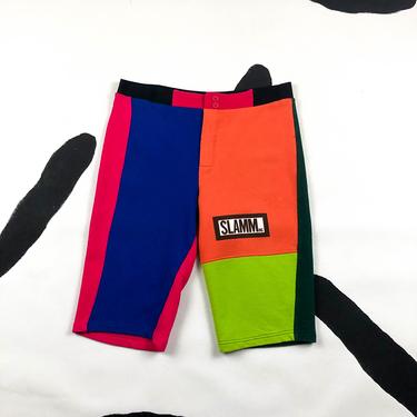 80s / 90s United Colors of Benetton Slam Cotton Colorblock Shorts / Mens / Long / Bermuda / Surf / Beach / Neon / Small / Saved By The Bell 