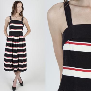 Vintage 70s Lanz Originals Dress / Red White Horizontal Stripes / Black Cotton Nautical Inspired Pockets Midi Mini Dress 
