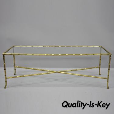 Maison Bagues French Bronze Glass Faux Bamboo Rectangular Coffee Cocktail Table