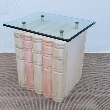 Hollywood Regency Faux Book &amp; Glass Top Side Table . 