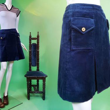 1960s vintage mini skirt. Navy blue velveteen/corduroy. MoD-O-rAma! By Junior House. (Size 27) 