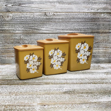 4 Pieces MidCentury Mod Flower Daisy Canister Gold Mustard Nesting Canisters Storage Set