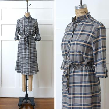 vintage 1970s plaid dress • long sleeve flannel tunic dress with tie belt • cute & casual 
