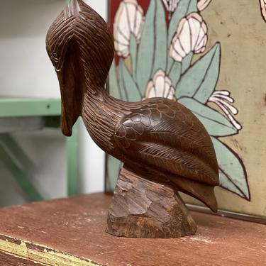 Vintage Mid Century Modern Wooden Bird Pelican Statue Figurine Sculpture with Stand Decor Decorative Hand Carved Unique 