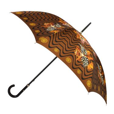 Gianni Versace Vintage Brown Bronze Gold Multicolor Animal Print Floral Umbrella