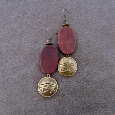 Egyptian African earrings, bold statement earrings, ethnic tribal earrings, brown wood, Afrocentric eye of Horus earrings, mythology 