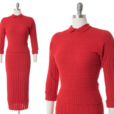 Vintage 1950s Knit Set | 50s Red Bouclé Wool Sweater Skirt Matching Dress Set (xs/small) 